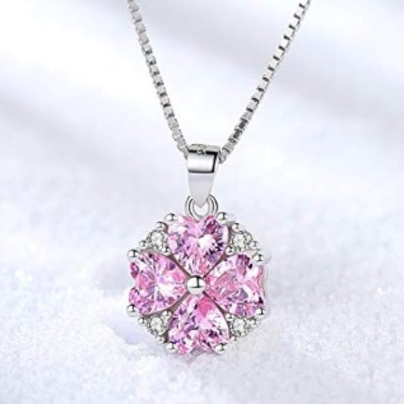 Pink Cubic Zirconia Hearts Pendant Necklace 925 Sterling Silver Fashion Jewelry - Picture 2 of 14